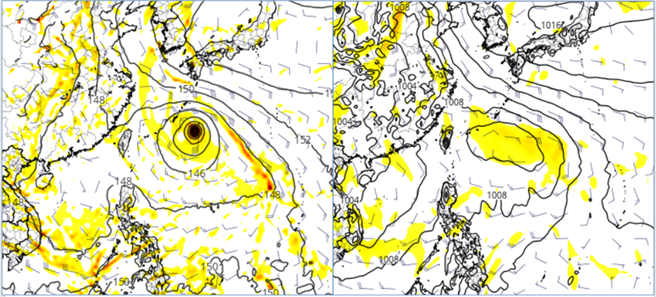 最新(12日20時)美國(GFS)模式，模擬19日20時850百帕風場及高度場(左圖)顯示，「季風低壓」東側熱帶擾動發展，已有颱風的強度；歐洲(ECMWF)模式模擬的位置相近、強度則較弱(右圖)。(圖擷自tropical tidbits)

