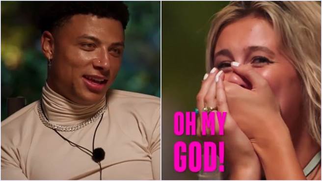 查斯想要表达对卡莉感觉时，天外飞来一只巨大蟑螂停在查斯额头，让卡莉嘴角失守。(图/netflix IG@toohotnetflix)

