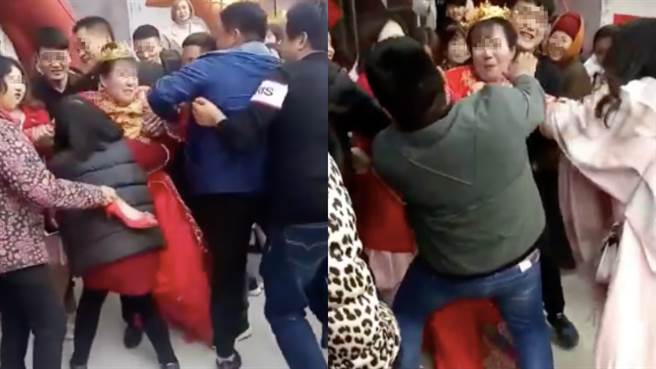 大陆山东一名新娘惨遭成群男宾客婚闹「硬上」，气得当场使出无影脚狂踢反击。（图／微博影片）