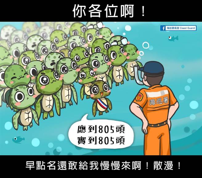 海洋委員會海洋保育署日前公布在小琉球周邊海域發現805隻海龜，臉書「海巡署長室」12日晚間推測造成海龜群聚的原因，並藉此宣導群聚規定。（摘自臉書海巡署長室／林瑞益高雄傳真）