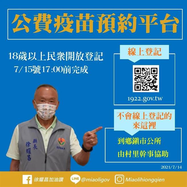 苗栗县长徐耀昌呼吁县民踊跃登记施打疫苗意愿，才能获得中央配发更多的疫苗。（苗栗县政府提供／谢明俊苗栗传真）