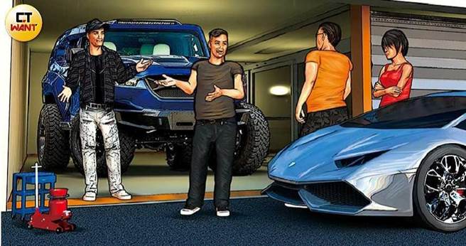 投诉人A先生控诉，房仲小韩和合伙人谢男以「全台唯一一台雷神坦克」到处骗订金。（图／本刊绘图组）