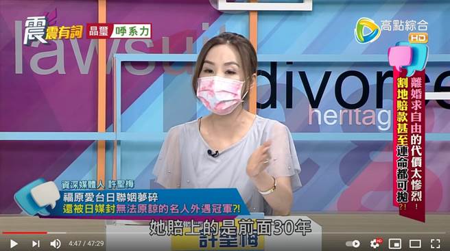 许圣梅认为以福原爱的财力来说，离婚最痛的不是赔款，而是白费过去花30年建立的良好形象。（图／YT@高点电视）
