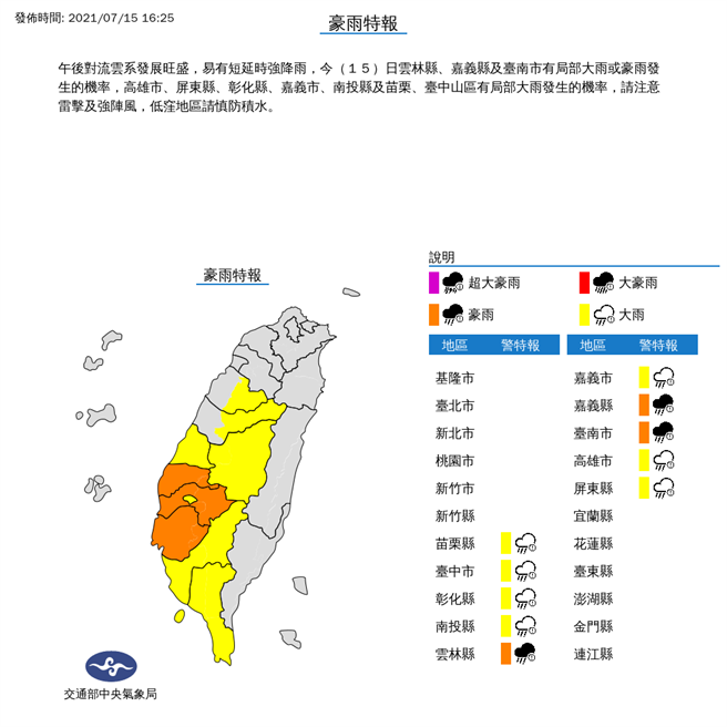 气象局发布山区及中南部10县市豪大雨特报。(翻摄自气象局)