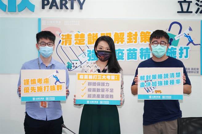 民眾黨立法院黨團認為，疫苗覆蓋率是解封的關鍵，呼籲政府加速疫苗採購進度，並調整疫苗接種順序的依據，精準施打優先族群。（民眾黨團提供）