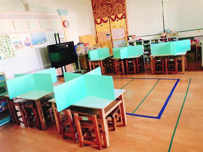 台中市議員羅廷瑋向市府爭取，為全市700所公私立幼兒園提供防疫隔板。（台中市議員羅廷瑋提供．溫徹斯特幼兒園授權使用／盧金足台中傳真）