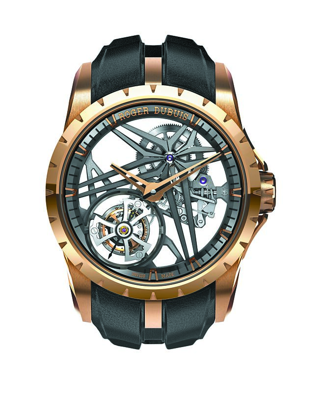 台北101 Roger Dubuis Excalibur王者系列玫瑰金镂空飞行陀飞轮腕表，全台仅1只，价格店洽。（台北101提供）