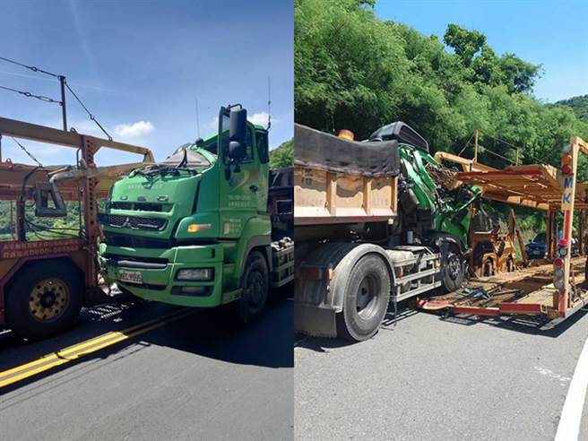 台9線南迴公路447K處、丹路路段今（17日）中午發生多輛貨車事故，1輛篩石車的車頭當場被削掉一半。（翻攝自臉書「宜花東災害通報」）