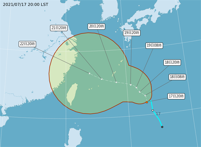 熱帶性低氣壓（TD08），正朝著西北方向前進，最快於明（18日）清晨到上午就會發展成為第6號颱風「烟花」。(氣象局提供)