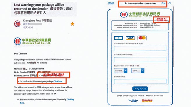 诈骗集团假冒中华邮政，寄发含有钓鱼网址连结的电子邮件或简讯给民眾，骗取个资后盗刷。(翻摄照片／林郁平台北传真）
