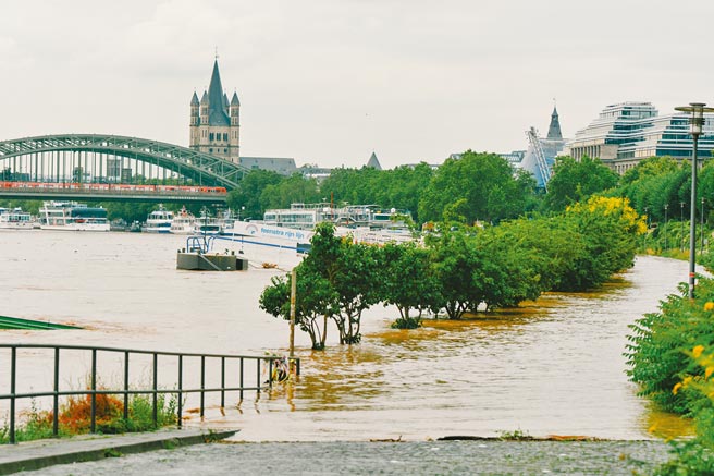 德国西部与比利时遭逢连续暴雨，酿成百年来最惨重洪灾，已超过百人罹难，仍有上千人下落不明。在德国西部大城科隆，莱茵河水位高涨，树木道路都泡在水中。（新华社）