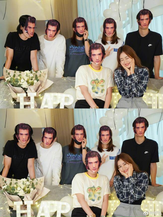 工作人员特地戴上金城武面具帮秦岚庆生，让她娇羞捧脸，开心到不行。(翻摄自秦岚微博)