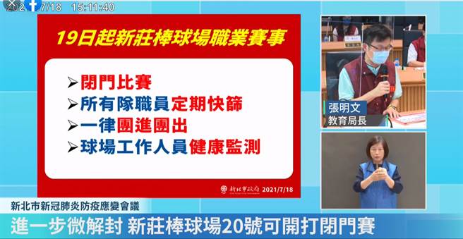 新北市今（18日）公布新增7例本土案例，教育局長張明文於防疫會議中表示，19日起新莊棒球場職業賽事採閉門比賽。（摘自直播）