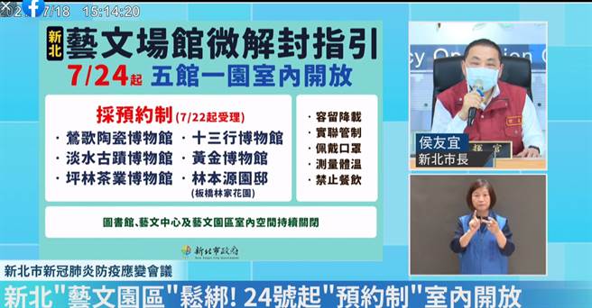 新北市長侯友宜主持防疫會議表示，7月24日起五館一園室內空間開放，採預約制。（摘自直播）