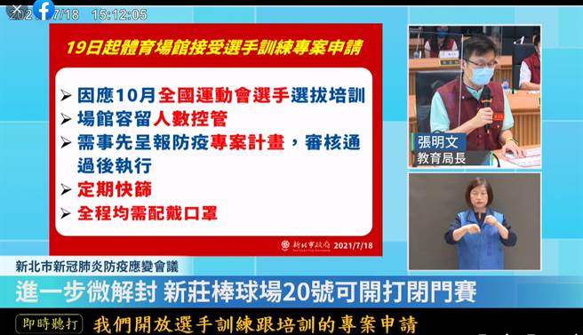 新北市今（18日）针对分梯次解封公布最新指引，教育局长张明文表示，新庄棒球场可办理中职赛程，一律採闭门进行，富邦悍将20日将回到新庄主场。（摘自直播）