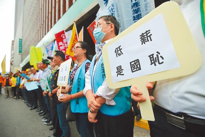 工斗团体认为，疫情影响不应作为今年停涨基本工资理由，仍应调涨。图为民间团体去年带着「低薪是国耻」等看板，就劳动部召开基本工资审议委员会表达诉求。（本报资料照片）