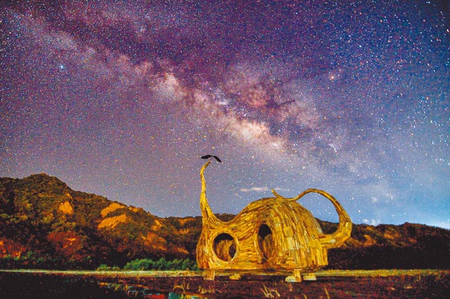 台东县鹿野乡后湖部落的《猫咪种子》大地艺术，搭配满天星斗的瑰丽银河，成了追星族朝圣热点。（庄哲权摄）