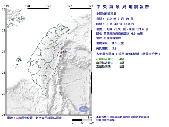 花莲今（19日）地震，其中2时40分发生芮氏规模3.9地震，震央位于花莲县政府附近。（图取自气象局网页）