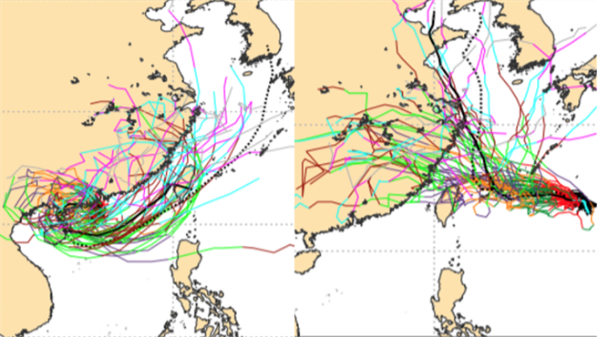 最新欧洲(ECMWF)系集模式51次的模拟路径(右图)显示，各系集成员的分散程度广，代表预测路径有很大的不确定性。中图则是南海热带系统与「烟花」产生「双颱风(藤原)效应」。（翻摄自ECMWF）