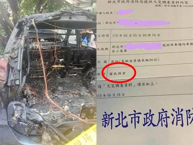 新北市中和今年5月发生火烧车事故，驾驶将刚买1个月的新车停在停车场，未熄火下车后，轿车仪表板随后竟窜出火光，整辆车接着陷入火海。（取自脸书「爆料公社」）
