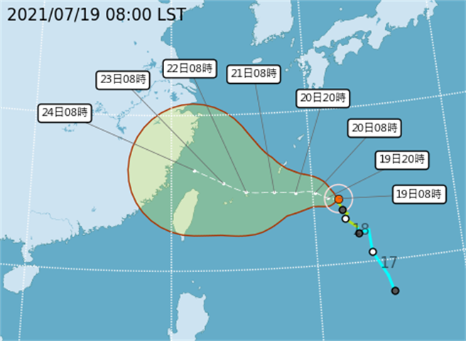 彭啟明表示，依照氣象局預測路徑，可能周三下午發海上警報，周四下午發布陸上警報，陸警範圍包括台北、新北、基隆、宜蘭、桃園和新竹縣市。（翻攝自氣象局）