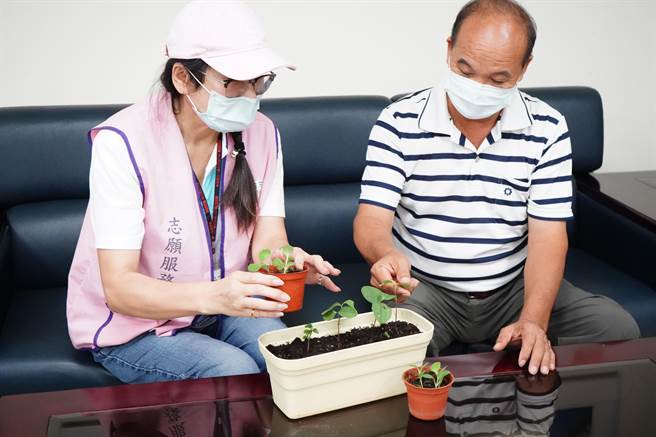 丽园里黄添福里长(右)与社福志工讨论适合的植栽种植（林口区公所提供／戴上容新北传真）
