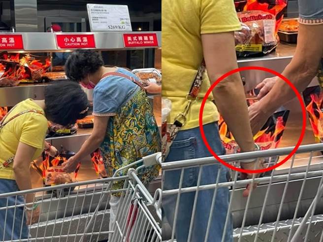 1名网友日前目击知名美式卖场内有2名大妈挑选烤鸡时「分工合作」，1人直接将包装拆开、1人则手伸进去不断掐鸡肉，让他看了相当傻眼。（翻摄自脸书「爆废公社」）
