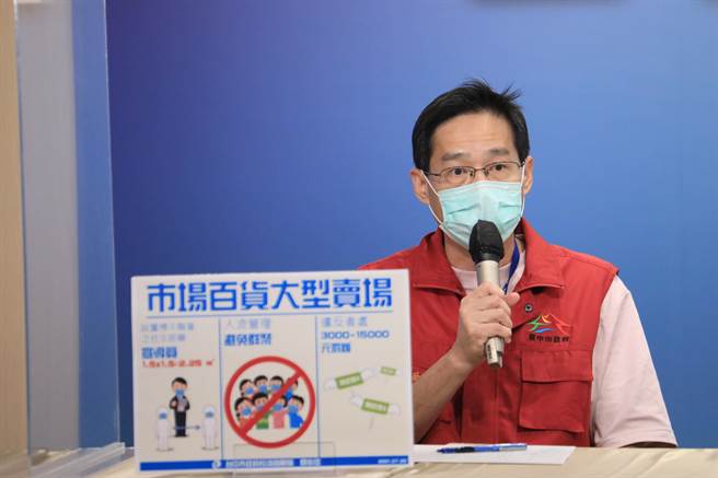 台中市經發局長張峯源說明中市將要求百貨、賣場以及傳統市場都要設置社交距離管理員。（台中市政府提供／馮惠宜台中傳真）