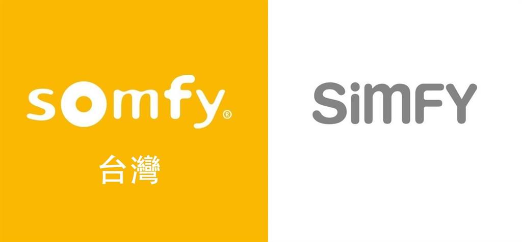 法商上維行動註冊的商標「SOMFY（左）」與台灣蔡姓業者註冊的商標「simFY（右）」。（翻攝自SOMFY臉書、5168工商快找）