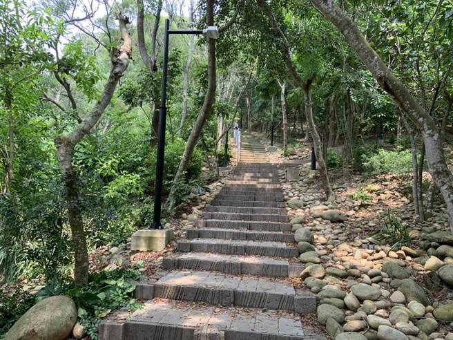 通往鳌峰山观景平台的步道上，另辟步道通往阳光草坪。（王文吉摄）