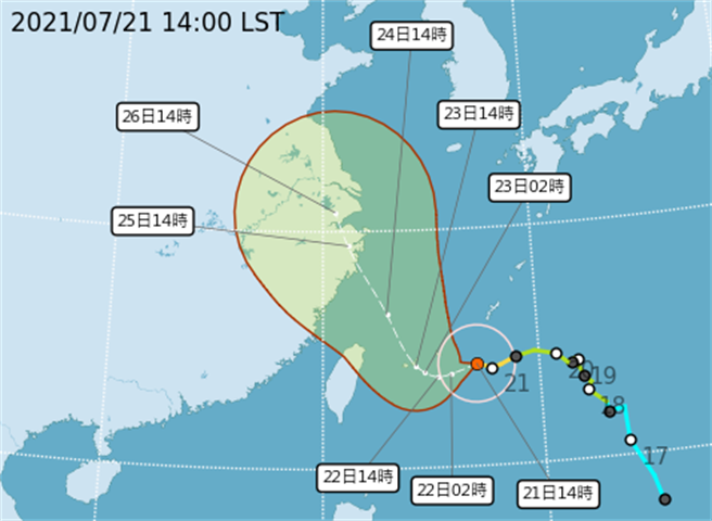 今年第6號中度颱風烟花今（21日）下午2時位置在台北東方570公里之海面上，以每小時11轉5公速度，緩慢朝西南西轉西前進。(氣象局提供)