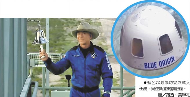 蓝色起源成功完成载人任务，贝佐斯登机前敲钟。图／路透、美联社