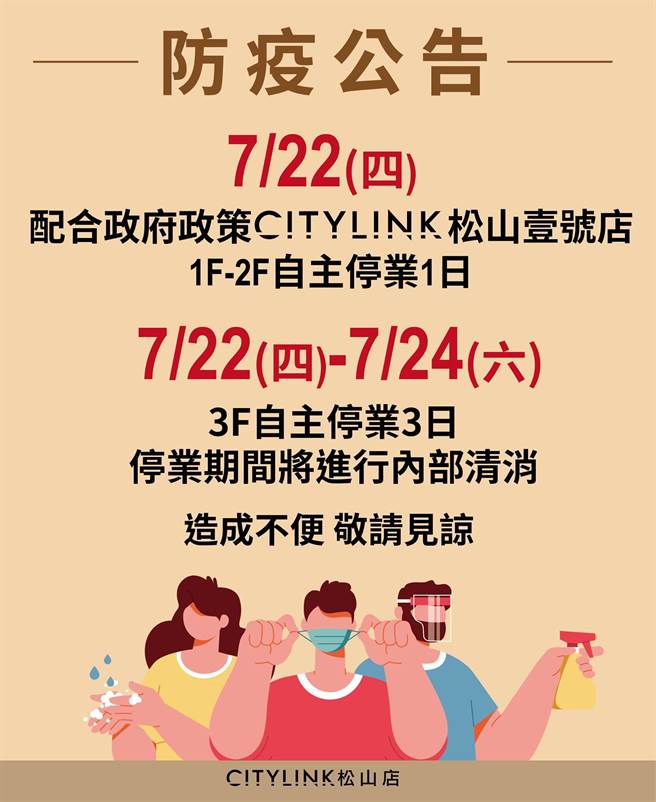 CITYLINK松山壹号店全馆今停业1日、3楼则自主停业3日。（翻摄自CITYLINK松山壹号店脸书粉专）