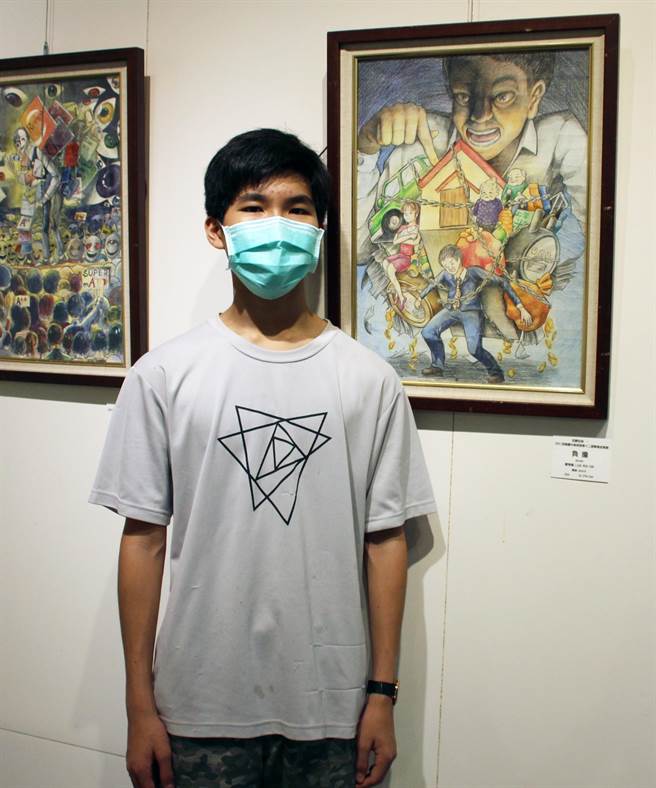 廖旻灿的《负担》描述人们背负着各种生活压力，无法喘息。（台中港区艺术中心提供／陈淑娥台中传真）