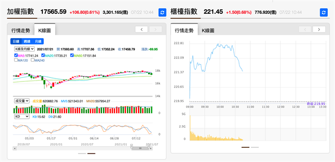 讓人一目瞭然的加權指數、櫃檯指數圖表；圖內為7月22日資訊。（翻攝自《旺得富》）