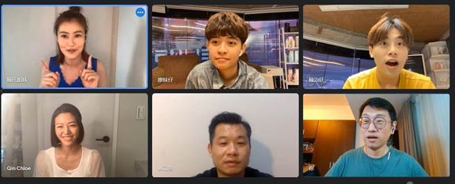 宋依璇（上排左起）、廖妹仔、陈治廷 、若绮、小飞、戴佩龙线上录影。（「好好听FM」提供）