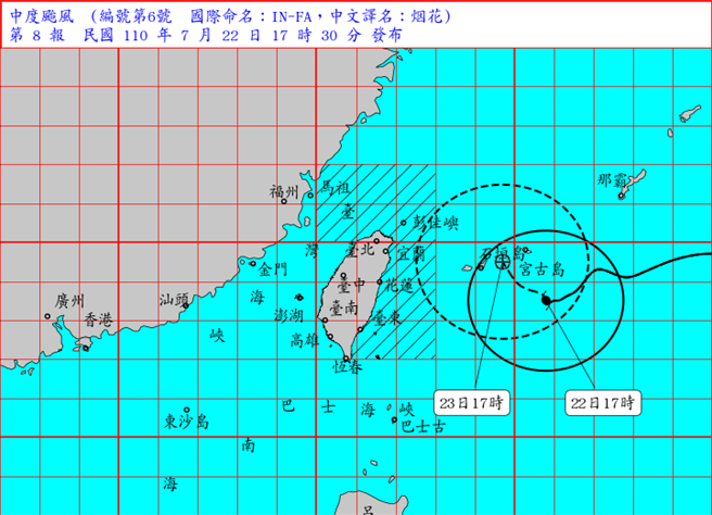 中度颱風烟花移動速度緩慢，過去三個小時為何原地打轉，中央氣象局表示，加速關鍵在「它」，暴風圈仍有機會觸陸。(圖/氣象局)