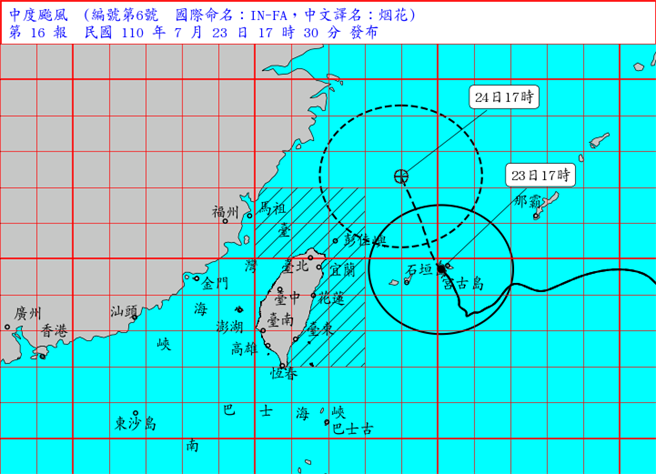 中央氣象局指出，烟花颱風今天17時的中心位置在台北的東方約 360公里海面。（翻攝自中央氣象局／林良齊台北傳真）