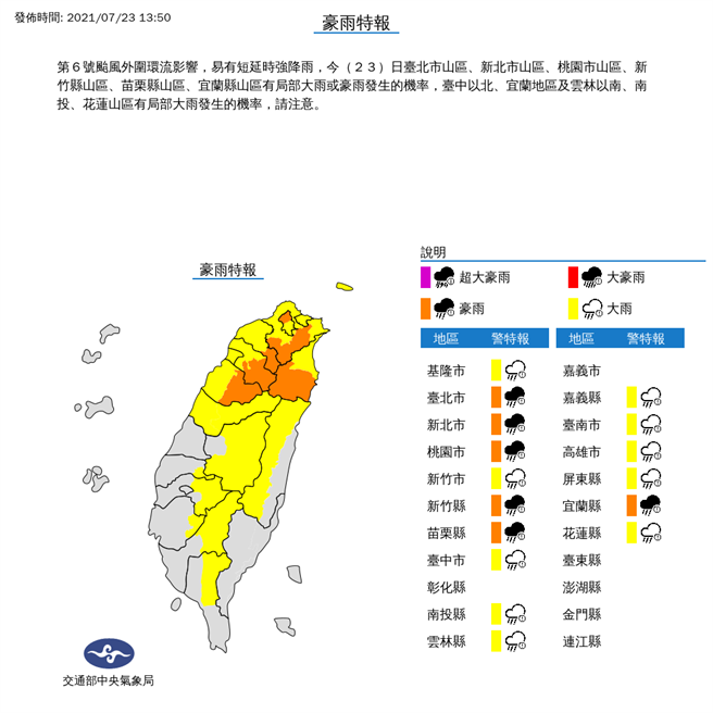 中央气象局今日下午1时50分针对全台16县市发布豪大雨特报。(气象局提供)