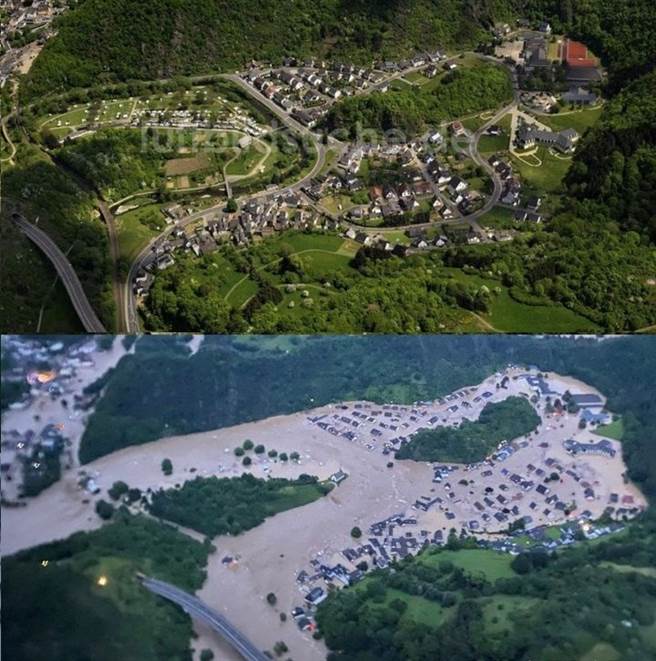 德国的阿尔韦勒水灾损失惨重，造成一百多人死亡。被山洪冲毁与土石流淹没的房屋几乎都是建在河谷较低处，遇上暴雨引发山洪就非常危险。图为灾前与灾后对照图。（图／网路）