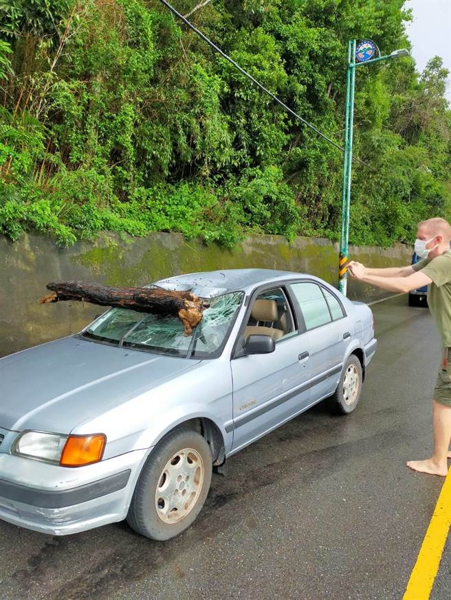 苗栗县西湖乡苗119县道，23日下午发生断木砸中自小客前挡玻璃的意外。（民眾是供／陈育贤苗栗传真）