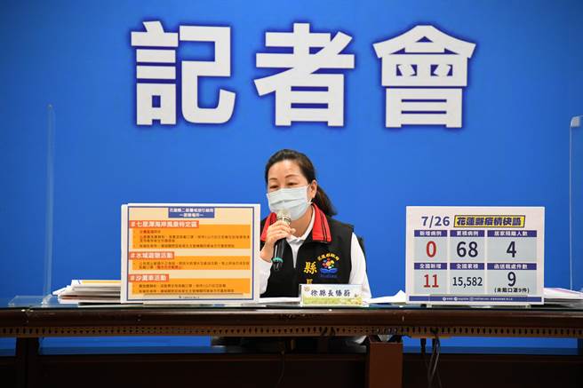 花蓮縣長徐榛蔚說明因應二級警戒縣內將開放的活動場域。（花蓮縣政府提供／羅亦晽花蓮傳真）