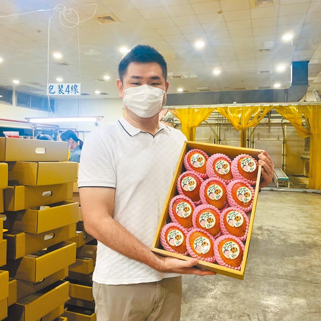 台南市南瀛农产国际行销公司最后一批外销日本的芒果，贴上市长黄伟哲Q版贴纸。（余清永提供／张毓翎台南传真）