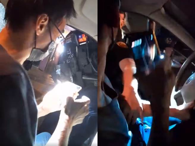 桃園1名男子昨（26）晚駕車在路上遭4名員警攔查，疑似遭警方懷疑車內有違禁品，他開始在駕駛座大鬧，網友則說「既然沒錯幹嘛心虛」。（翻攝自臉書「爆料公社公開版」）