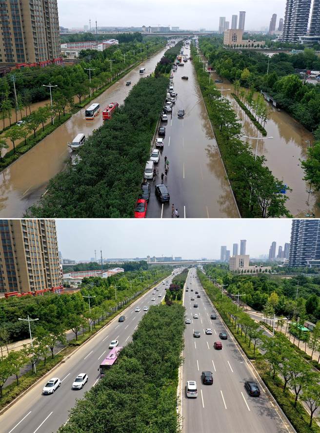 7月20日前后郑州的一场暴雨，相当于150个西湖的雨水灌进这个城市，导致地铁5号线列车抛锚在隧道中，据官方统计造成14人死亡。（新华社）