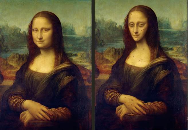 科博館推出《當名畫遇見毒品》特展，改作世界知名畫作人物蒙娜麗莎等人，遇見毒品後的面貌，讓觀者透過畫作對比，了解毒品的危害。（科博館提供／陳淑芬台中傳真）