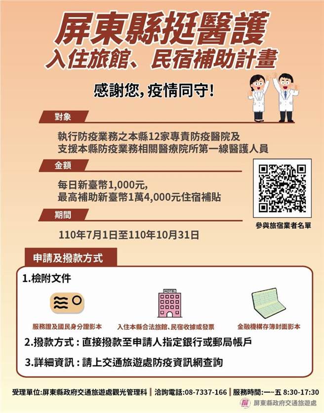 屏东县力挺第一线医护人员入住合法旅宿。（图／屏东县政府提供）
