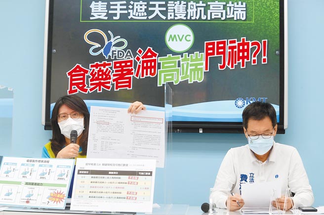 国民党立院党团书记长郑丽文（左）、总召费鸿泰等26日召开记者会，批评高端EUA审查过程黑箱，质疑卫福部食药署沦高端门神。（刘宗龙摄）