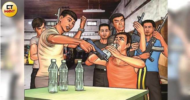 陈瑞霆在暴力讨债时自创「水刑」，要求债务人1分钟内喝掉2公升的矿泉水，喝不完就毒打一顿。（图／本刊绘图组）