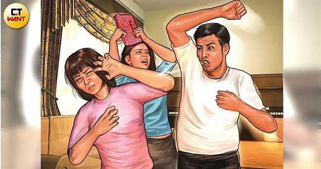 为了逼妻子离婚，南台湾心臟科林姓名医被控数度施暴，女儿为了保护妈妈情急下拿字典加入混战，事后崩溃「第一次骂脏话是骂爸爸」。（图／本刊绘图组）